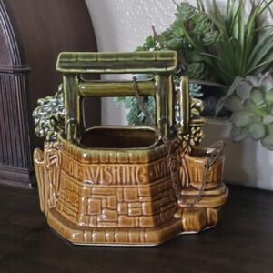 Vintage McCoy Pottery Wishing Well Planter Green Brown Glaze‎ USA Mid Century